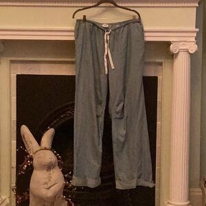 100% cotton size L really cute pants tiny white and blue stripes with cuffs